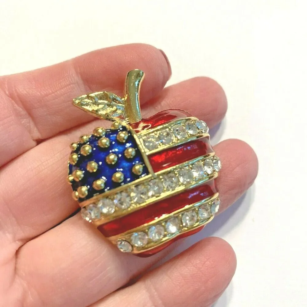 USA Patriotic Brooch Apple Shape Gold Tone Red & Blue Enamel White Rhinestones